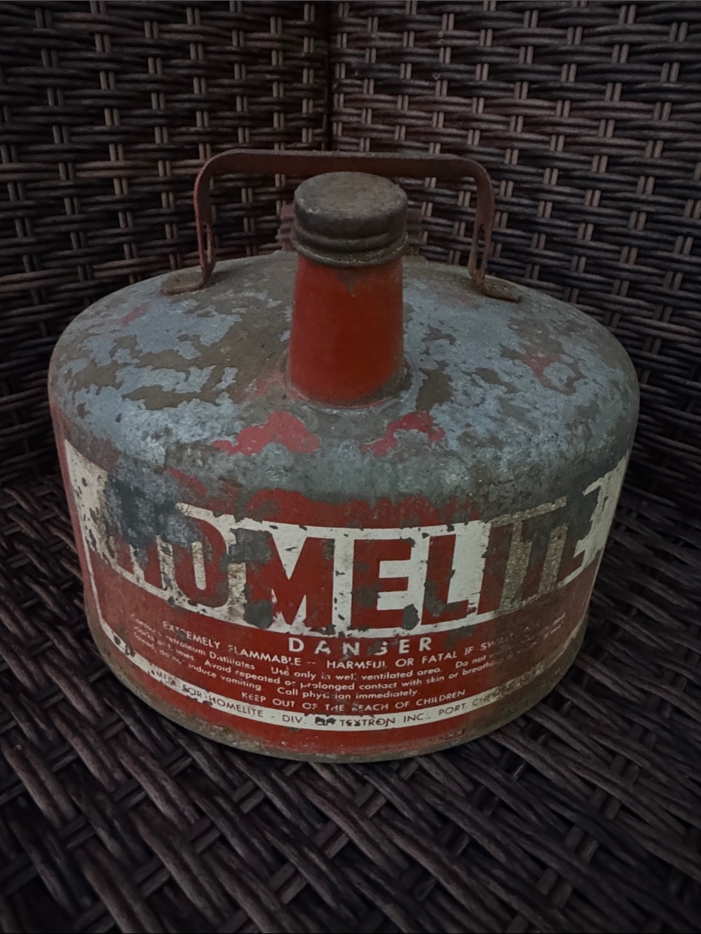 Vintage Homelite Red Metal Gas Canister with Worn Label Industrial Farmhouse